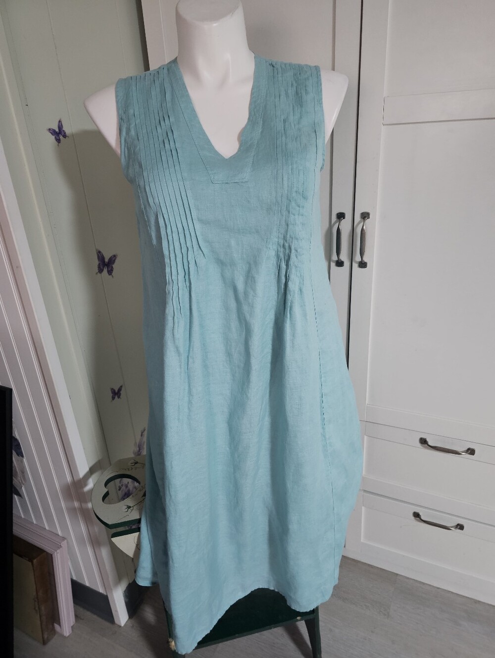 Pure Jill J Jill Linen Pintuck Midi Dress M Medium Fits 10 12 Aqua Blue EUC